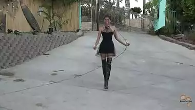 Vintage Car Babe Wearing Sexy Long Leather Boots